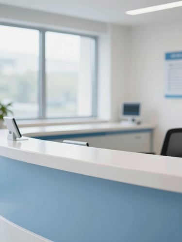 Bright modern hospital reception desk with natural window light, clean blue and white tones, professional depth of field, welcoming atmosphere