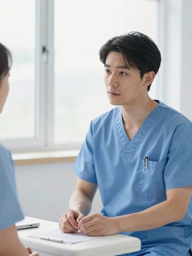A professional doctor in clean blue scrubs consulting with a patient in a bright, naturally lit examination room, soft window lighting