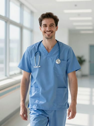 A professional medical doctor in clean slate-blue scrubs smiling warmly in a bright, modern hospital hallway, natural window light.
