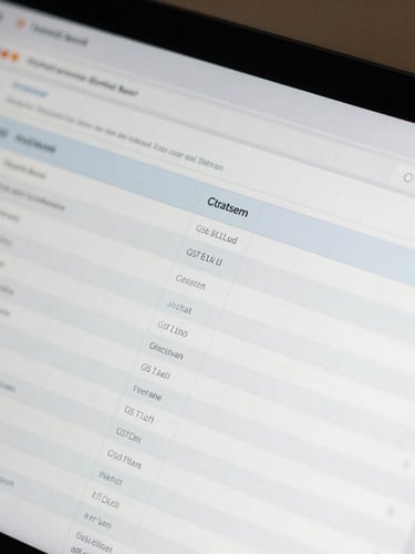 Macro close-up of a digital tax portal on a clean screen, showing organized GST filing charts and a clean interface