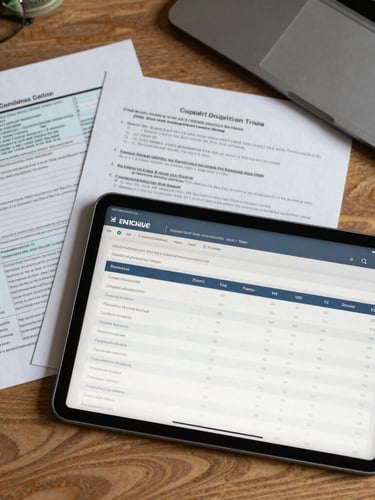 An overhead flat-lay of an organized workspace with physical tax documents and a digital tablet displaying a compliance tracking dashboard under clean daylight.