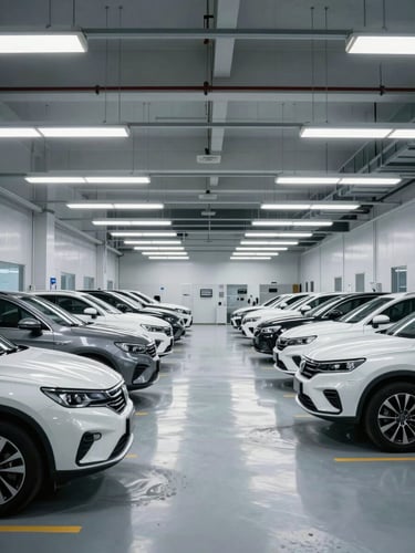 Wide-angle architectural view of a clean, high-intensity LED-lit automotive repair facility with perfectly aligned vehicles and dust-free floors, clinical engineering environment.