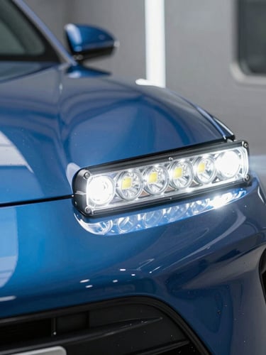Close-up of a high-intensity LED light bar reflecting off a freshly painted metallic blue car panel inside a dust-free pressurized booth.