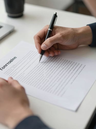 Close-up of hands reviewing a printed contract on a clean white desk, bright even daylight from the left, a pen resting beside the document, sharp focus on the document text with a blurred background