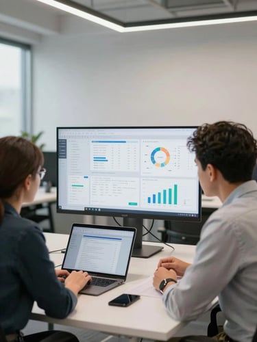 Wide shot of a contemporary office collaboration scene, two people at a large monitor reviewing data on screen, clean bright studio lighting, open laptop on the desk, minimal decor, business-focused atmosphere