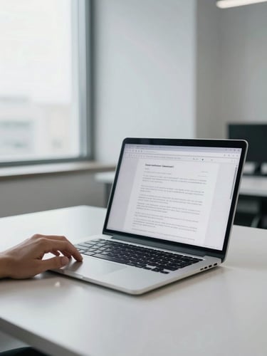 Wide shot of a minimalist modern office desk, open laptop displaying a contract document on screen, clean white surface, a hand resting near the keyboard mid-review, bright even daylight from a large window to the left, cool-toned corporate atmosphere, shallow depth of field on the screen