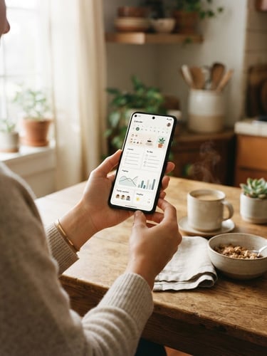 Over-the-shoulder shot of hands holding a mobile device displaying a clean, minimalist home-management interface, soft morning window light, warm domestic kitchen table setting, 35mm film style