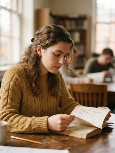 A warm close-up portrait of a student reading a book in a sunlit classroom, soft natural window light, muted earthy tones, shallow depth of field, 35mm film