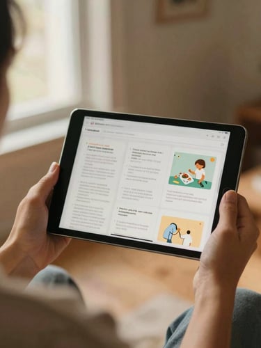 Over-the-shoulder shot of hands holding a tablet displaying educational material, warm golden hour light, domestic environment, soft focus, 35mm film