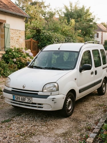 A clean unpolished used car parked in a quiet French suburban driveway under soft natural daylight, realistic warm tones, 35mm