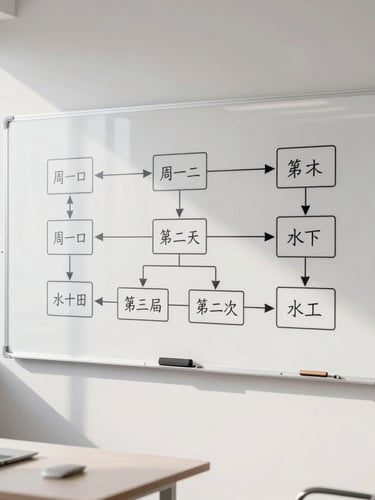 A bright modern workspace with a large physical whiteboard showing clean process flow diagrams, natural daylight, structured composition, muted corporate tones