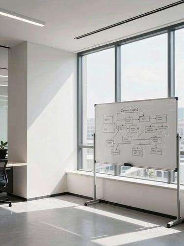 A bright, structured architectural office interior with clean lines, natural daylight pouring through a large window, a physical whiteboard with a clear workflow diagram in the background.