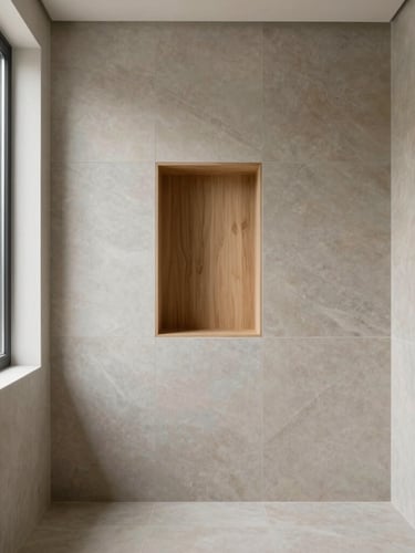 Straight-on architectural eye-level shot of a minimalist bathroom, flawless large-format slate tiles with perfectly aligned joints, recessed oak niche, soft natural daylight streaming from a side window, 35mm