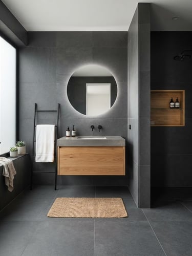 Wide shot of a modern, minimalist bathroom with seamless, large format dark gray tiles, warm oak vanity, and a recessed shower niche, soft natural daylight, architectural interior photography, sharp focus, 35mm