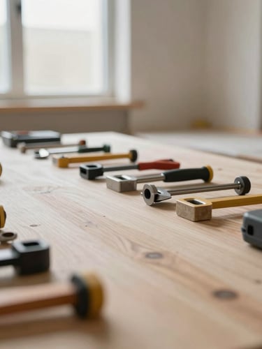 Close-up of a meticulously organized construction site with dust extraction equipment visible, clean tools neatly arranged, soft natural window light, architectural interior photography, sharp focus, 35mm
