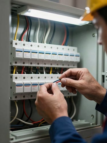 Close-up of an electrician's hands terminating wires inside an open residential breaker panel, interior fluorescent light overhead casting sharp shadows on the panel bus bars, conduit visible in background