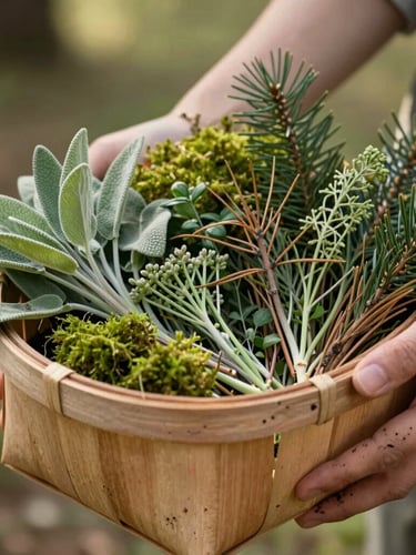 A rustic wooden basket filled with freshly foraged wild forest herbs, green moss, and pine needles, held by hands with soil traces, soft morning light, shallow depth of field