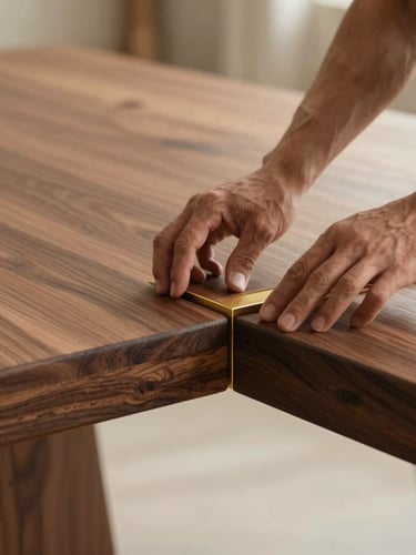 Warm editorial photography of a master carpenter running hands over a flawless, seamless PU-polished walnut dining table joint, soft side-lighting, shallow depth of field, 35mm