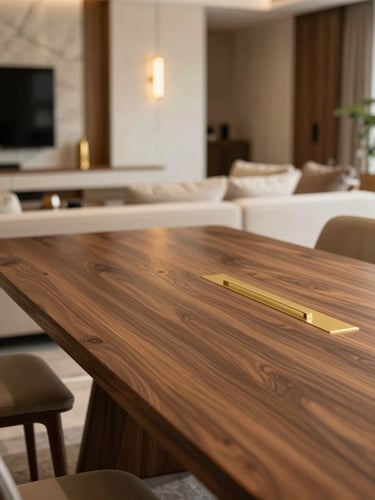Warm architectural digest style photo of a modern luxury living room in Indore, soft side-lighting highlighting a custom PU-polished walnut dining table, shallow depth of field