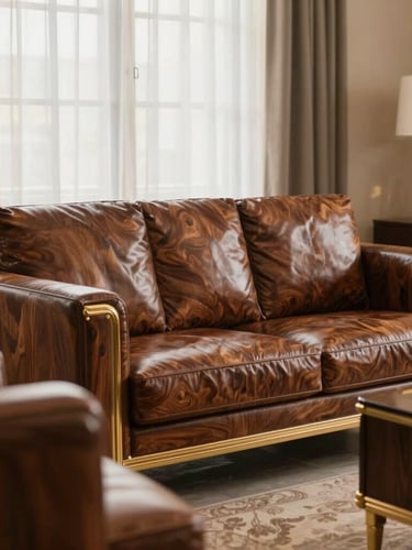 Warm editorial photography of a luxury living room in Indore, soft window side-lighting, a rich walnut PU-polished sofa set with gold accents, shallow depth of field, architectural digest style, 35mm