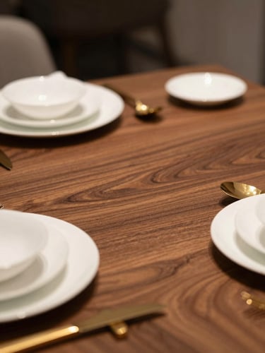 A portrait-oriented, close-up shot of a luxury dining setup, featuring a flawless PU-polished walnut tabletop, soft natural side-lighting, elegant ceramic tableware, shallow depth of field.