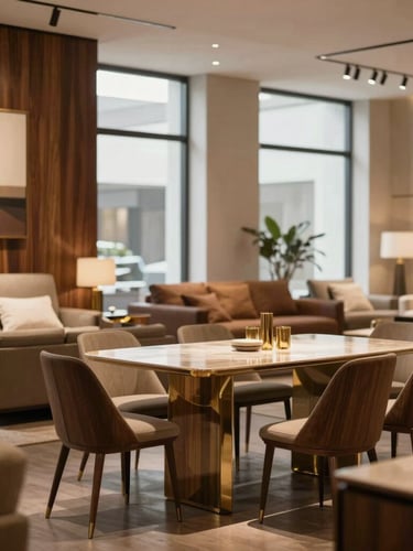 Warm-lit luxury furniture showroom interior, showcasing a modern dining setup, soft side-lighting from large windows, elegant wood textures, architectural digest style