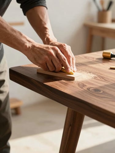Close-up of a master carpenter hand-sanding a rich walnut table edge in a bright, modern workshop, fine wood dust catching the warm sunlight, high-end tools in the background