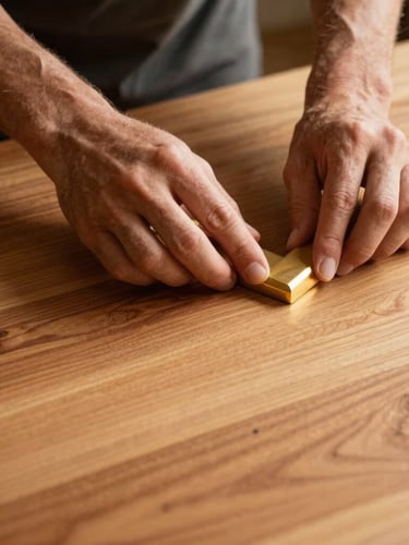 A portrait shot of a craftsman's hands carefully inspects a perfectly smooth, PU-polished wood surface, warm golden light highlighting the rich grain.
