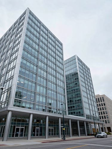 Architectural wide-angle shot of modern corporate steel and glass infrastructure in Denver, overcast diffused daylight, cool frosted tones.