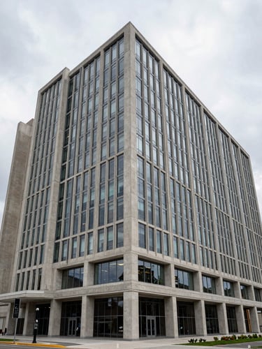 Architectural wide-angle shot of a modern concrete and glass corporate headquarters in Denver, overcast diffused mountain daylight, sharp clean lines, high contrast.