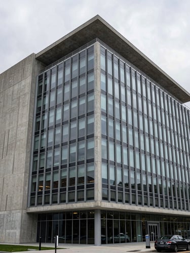 Wide angle architectural view of a modern concrete and steel corporate headquarters in Denver, overcast diffused mountain daylight, sharp geometric lines, frosted glass facade.