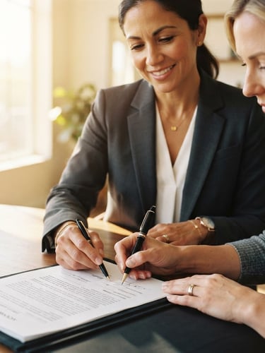 A close-up of a professional notary agent in a sharp charcoal suit assisting a client with signing a legal document, warm natural Southern California sunlight streaming through a window, shallow depth of field, 35mm editorial photography.