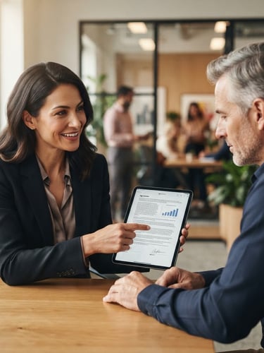Close-up of a professional advisor showing contract details on a tablet to a client in a bright, modern office, warm editorial photography, bright natural daylight, soft shadows, shallow depth of field
