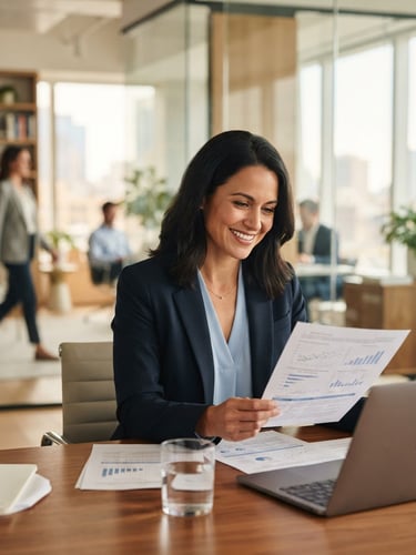 Professional financial advisor in a bright, modern office, warm lighting, holding a document, clean corporate blue tones, shallow depth of field.