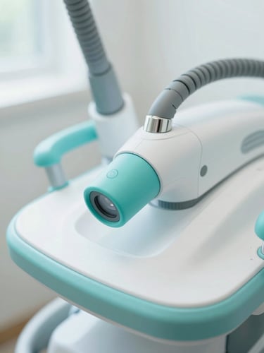 Macro shot of a high-end physical therapy laser device, clean clinical lighting, soft teal accents, 50mm medical editorial photography