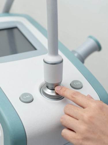 Macro shot of a high-end physical therapy laser device, therapist's hand adjusting a dial, clean clinical lighting, soft teal accents, 50mm focus