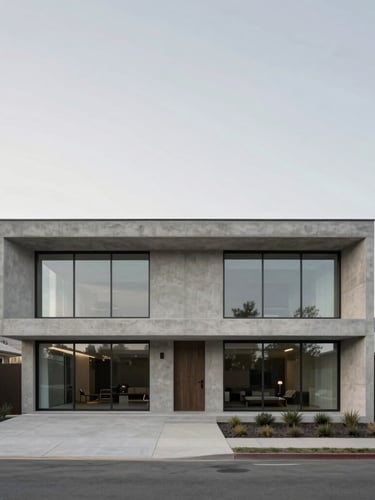 Straight-on architectural elevation of a minimalist concrete and glass luxury residence in Utah, soft overcast daylight, desaturated cool tones.
