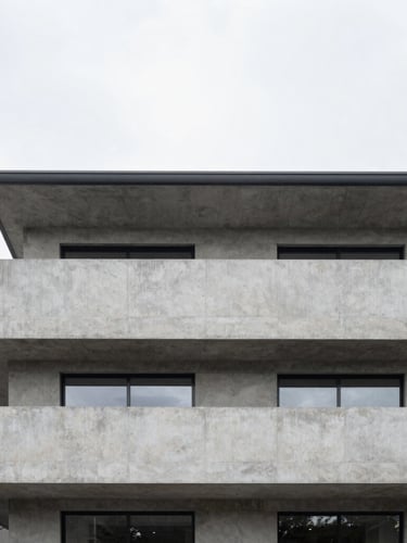 Straight-on architectural detail of a minimalist concrete and steel residential facade, soft overcast daylight, sharp clean lines, high-end editorial photography