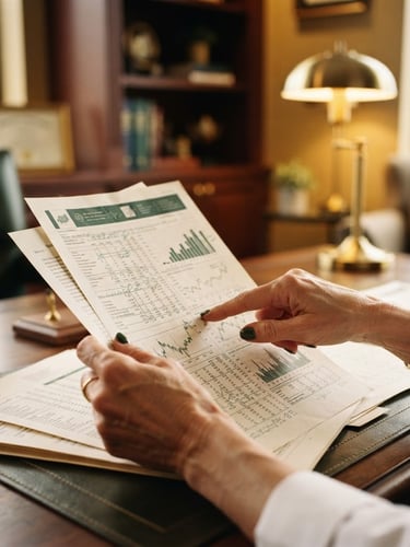 Elegant close-up of hands reviewing financial medical reports, high-end medical office environment, warm golden lighting, deep green accents, shallow depth of field, 35mm