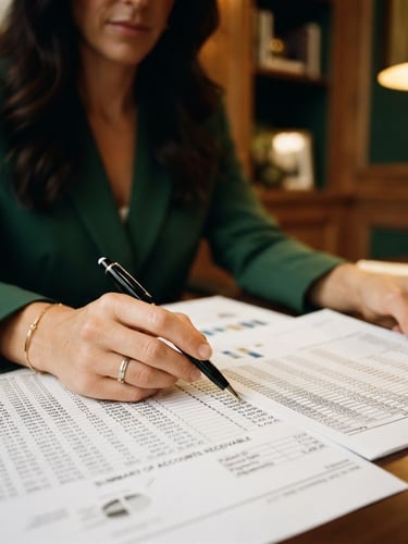 Close-up of professional hands in a high-end office reviewing complex medical billing spreadsheets and financial reports, soft warm golden indoor lighting, deep green accents, shallow depth of field, 35mm