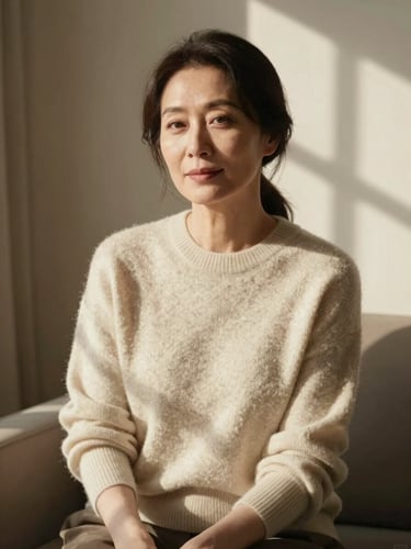 Reflective portrait of an elegant woman over 40 in a cream cashmere sweater, sitting in a sunlit room with soft window shadows, warm editorial photography, 35mm.