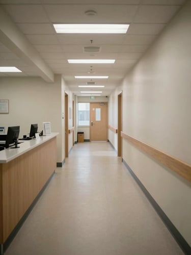 Wide panoramic shot of a GP surgery reception corridor, empty, overhead fluorescent lighting with soft daylight from a side window, neutral walls and a workstation visible to the left third, generous negative space on the right
