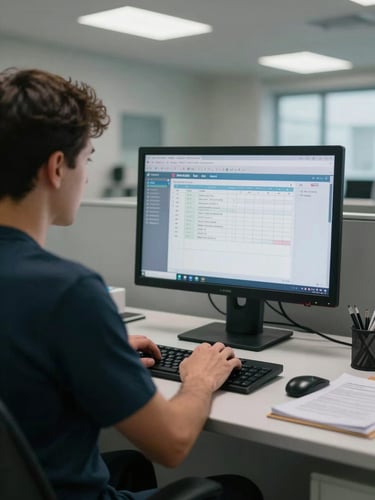 Medium shot from behind a GP seated at a desk, hands on keyboard, a monitor showing a patient record interface, overhead fluorescent and window light, notes and folders visible on the desk edge, clinical and unheroic