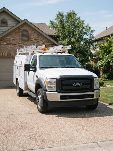 Straight-on medium shot of a clean service truck parked in a sunny Springfield driveway, bright natural daylight, crisp commercial photography, 35mm lens.