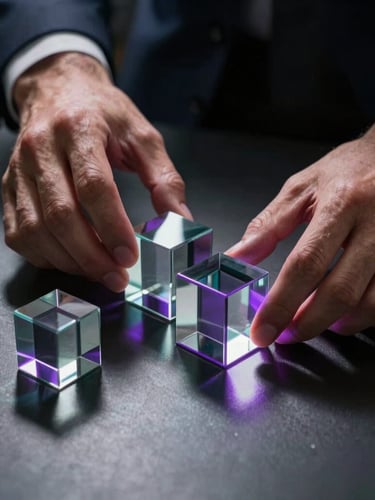 Cinematic close-up of executive hands arranging geometric glass blocks on a dark reflective surface, dramatic purple rim lighting, high-contrast shadows, premium tech aesthetic.