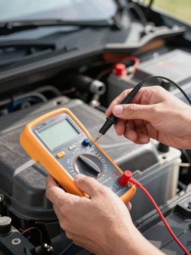 Close-up of a professional technician's hands using a digital multimeter to test a car battery under the hood, bright natural daylight, sharp commercial photography focus