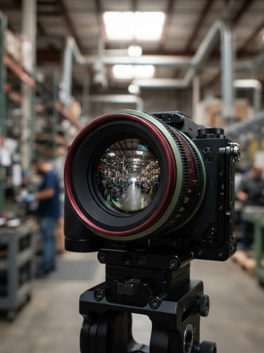 Crisp product photography of a high-performance security camera lens reflecting natural warehouse daylight, sharp focus, 35mm