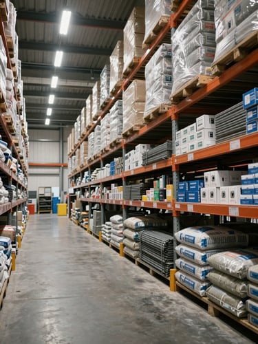 Wide panoramic view inside a large hardware warehouse, deep perspective down a center aisle flanked by floor-to-ceiling metal shelving stacked with bagged cement, steel rods, and boxed electrical supplies, neutral overhead fluorescent lighting, right-side composition with open aisle space on the left third