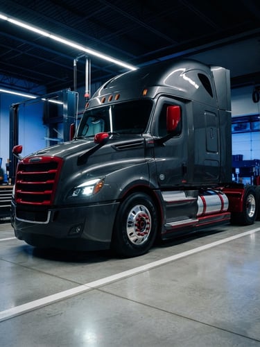 Low-angle dramatic 3/4 shot of a pristine Freightliner Cascadia semi-truck parked in a high-tech service bay, sharp red accents, clean concrete floor, cinematic lighting.