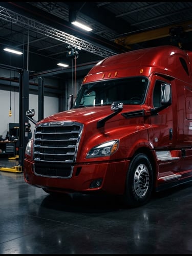 Low-angle dynamic 3/4 view of a pristine, latest-generation Freightliner Cascadia truck parked inside a clean, modern heavy-duty service bay with high-contrast dramatic studio lighting highlighting its metallic red grille.